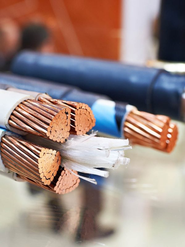 Large copper power cable in section closeup